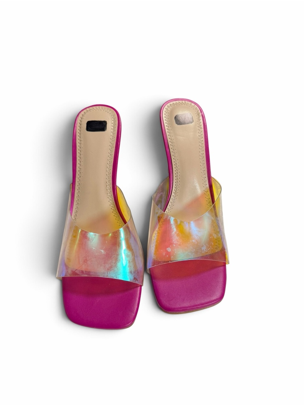 BP. Mirra Holographic Clear Mule Sandal Heels Pink 8.5